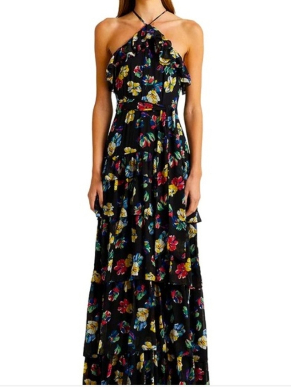 RALPH LAUREN Women's Floral Ruffle-Trim Georgette Halter Gown Size 8